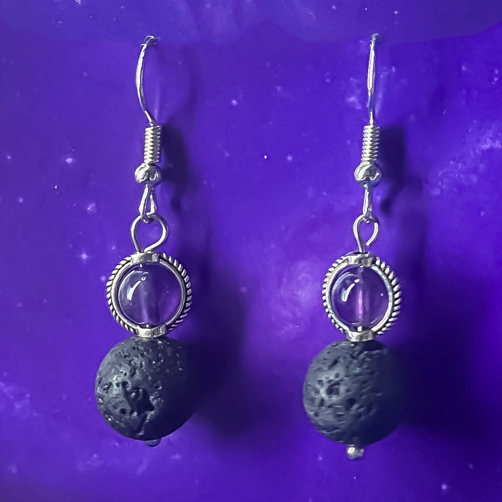 Elegant Amethyst and Lava Stone Earrings
