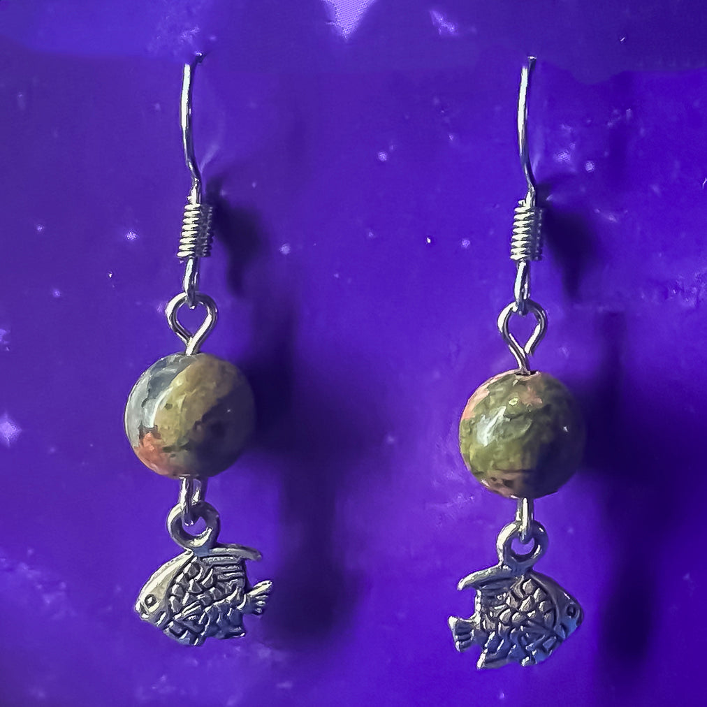 Unakite Earrings with Fish Charms