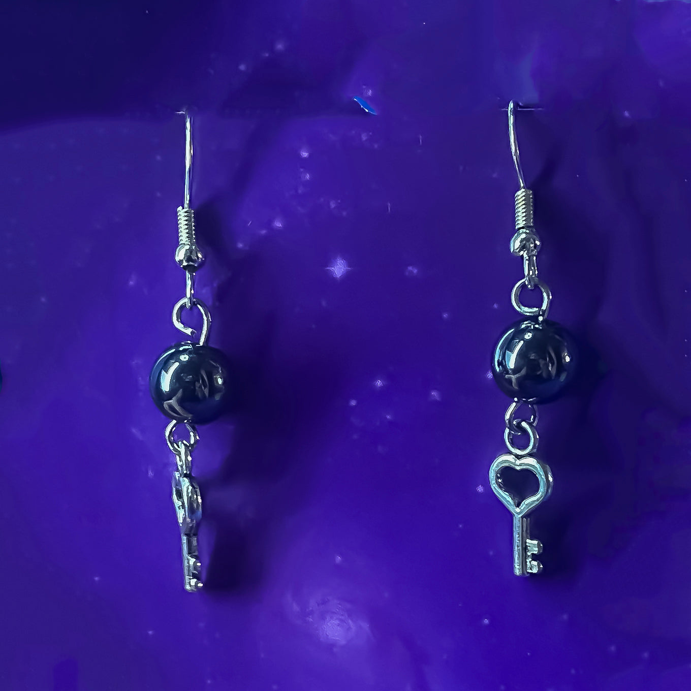 Hematite Earrings with Key Charm