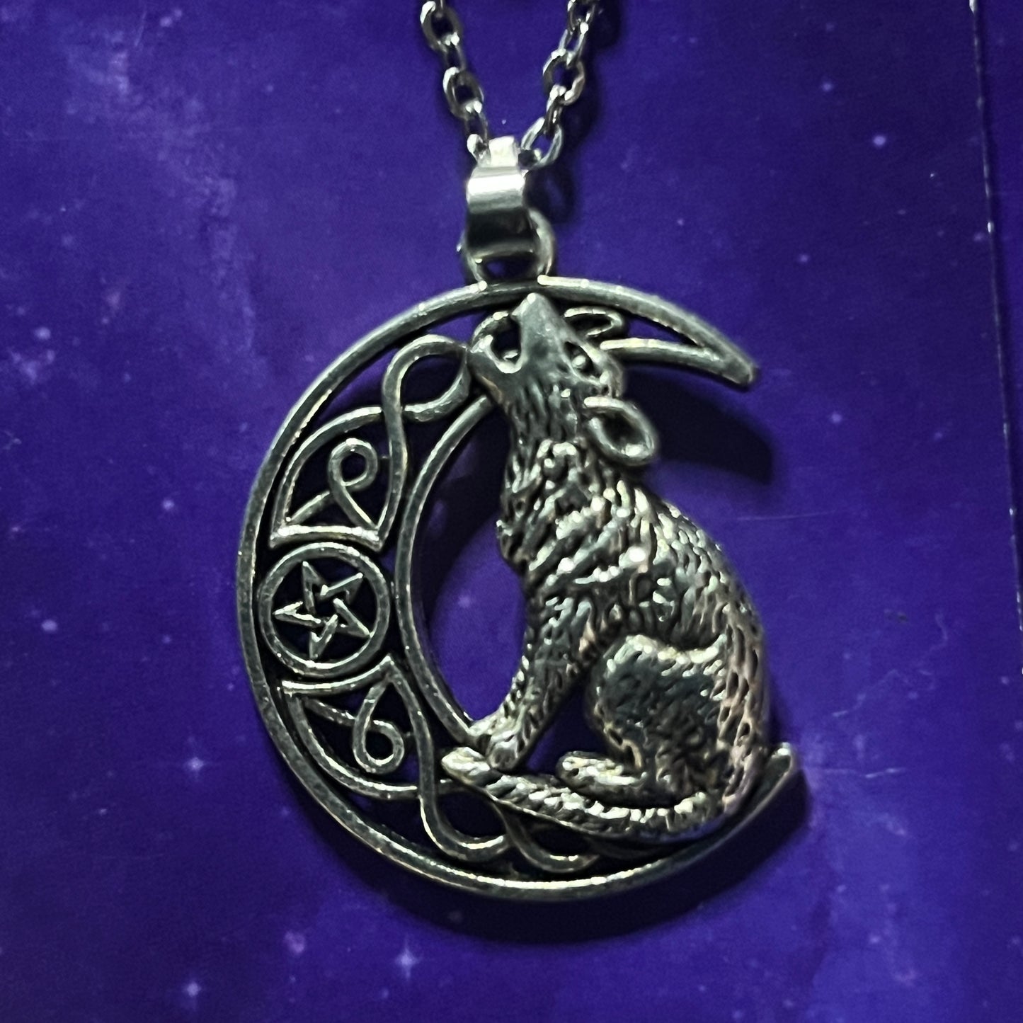 Crescent Moon Pentacle Wolf Necklace