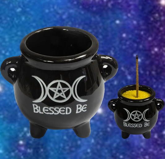 Ceramic-Mini Cauldron-Triple Moon W/Pentacle 2.5"Dia X 2.5"H