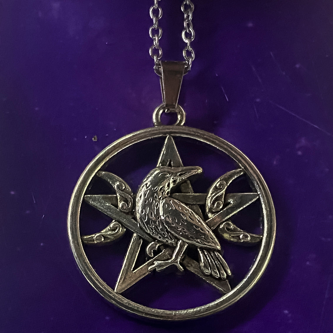 Crow Raven Moon Pentagram Necklace
