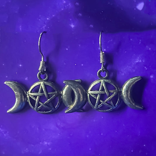 Triple Moon Pentagram Earrings