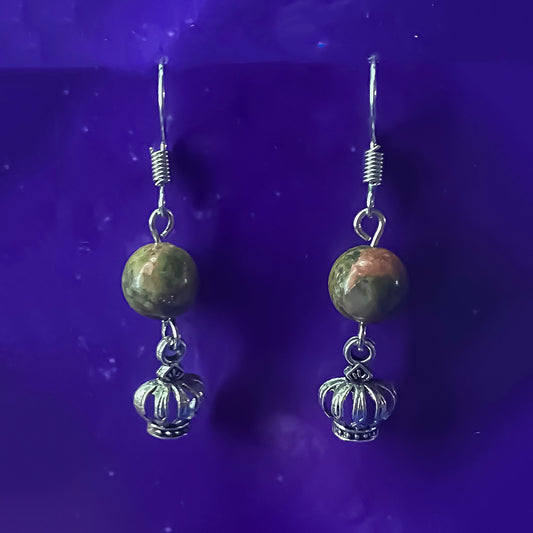 Unakite Earrings with Crown Charm