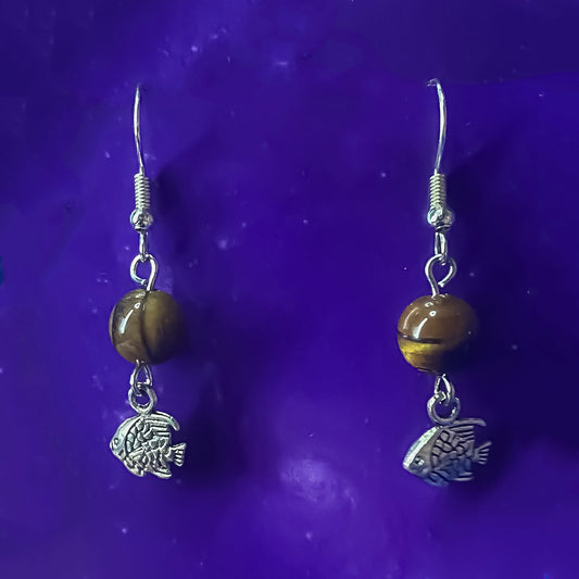 Tigers Eye Earrings with Fish Charms
