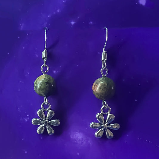 Unakite Earrings with Flower Charm