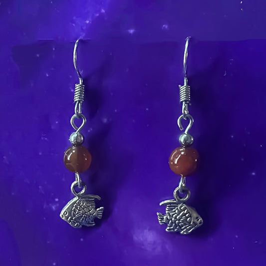 Carnelian Earrings with Fish Charm