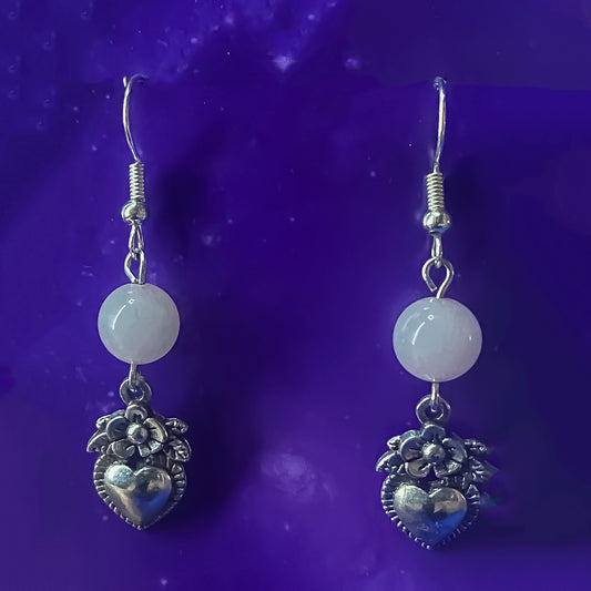 Rose Quartz Earrings with Floral Heart Charms